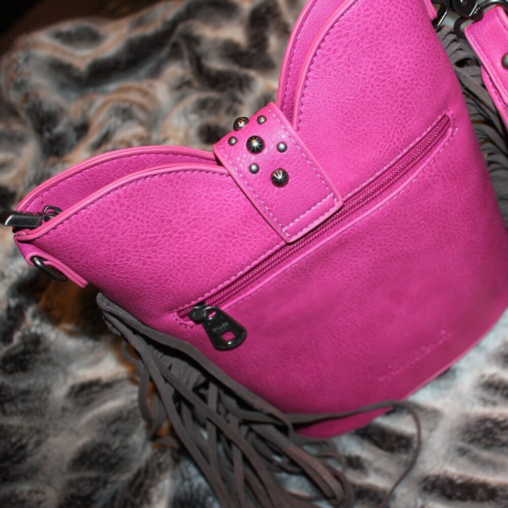 Montana West Western Hot Pink Handbag Silver Belt Buckle Hippie Fringe Purse - Picture 11 of 12